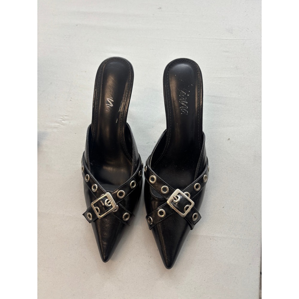 Vava by Joy Han Black Pointed Toe Grommet Buckle Mule Stiletto Heels Size 8
